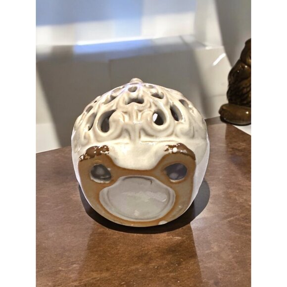 Vintage Ceramic Owl Candle Holder With Distressed Brown & White Finish - Picture 5 of 11